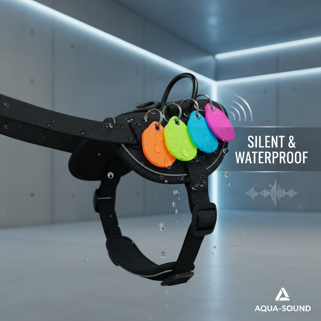 검은색 하네스에 달린 네온 컬러 실리콘 인식표의 방수 및 무소음 특징을 강조한, 선명한 초점과 깨끗한 조명의 현대적인 스튜디오 촬영 이미지.